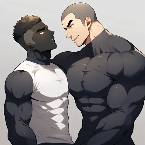 anime characters：Two superheroes in tights, Muscle Sports Student and Muscle No Face skinhead superhero, No Face，negro black skin, They hugged and kissed each other, Bite your neck, Caress, Manliness, male focus, Yellow and black high collar long sleeve ti...