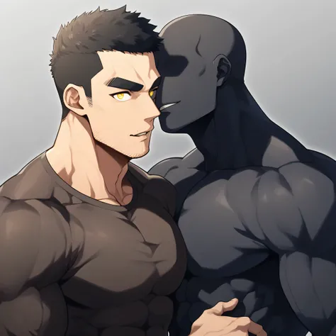 anime characters：Two superheroes in tights, Muscle Sports Student and Muscle No Face No Eyes skinhead superhero, No Face，negro black skin, They hugged and kissed each other, Bite your neck, Caress, Manliness, male focus, Yellow and black high collar long s...