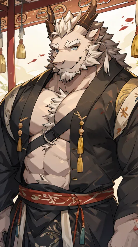 (white eastern dragon),furry,white mustache,big pecs,hearty males,muscular,black imperial robe,naked,adult,traditional_chinese_room,head portrait,scar,blood