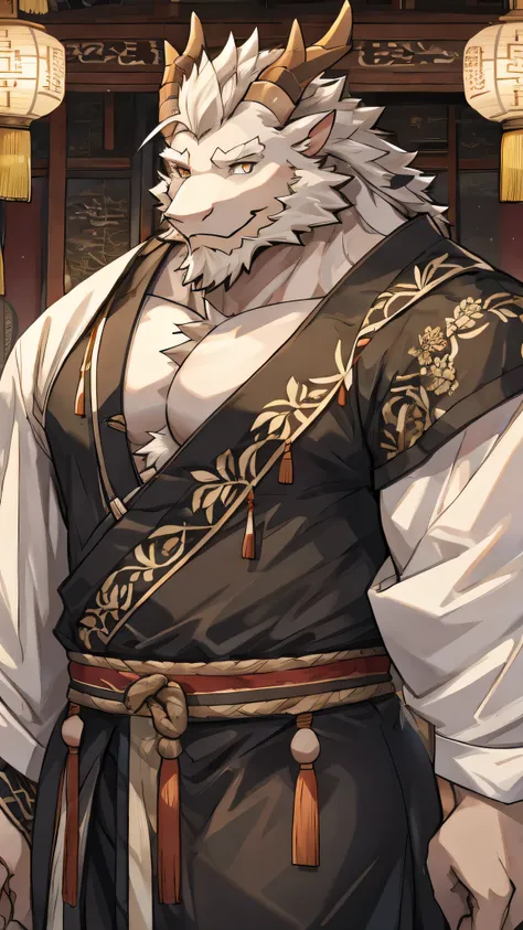 (white eastern dragon),furry,white mustache,big pecs,hearty males,muscular,black imperial robe,naked,adult,traditional_chinese_room,head portrait,scar,blood