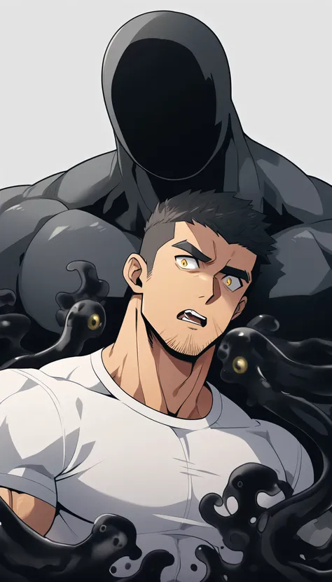 anime characters：Two superheroes in tights, Muscular gym student and a pure black muscle slime man, No Face, He is wrapped in black Slime., negro black skin, Slime tentacles, Lots of mucus, They hugged and kissed each other, Bite your neck, Caress, Manline...