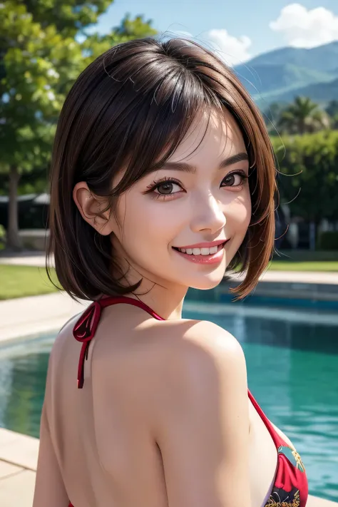 ((masterpiece)), ((Highest quality)), ((Complex)), (Realistic), (Very detailed), (1 female), Middle age, Beautiful and detailed, (Beautiful Teeth), double eyelid, eyelash, Grin, Brunette Bob Hair, Brown eyes, (bikini), (background: none), backgroundぼかし, Pe...