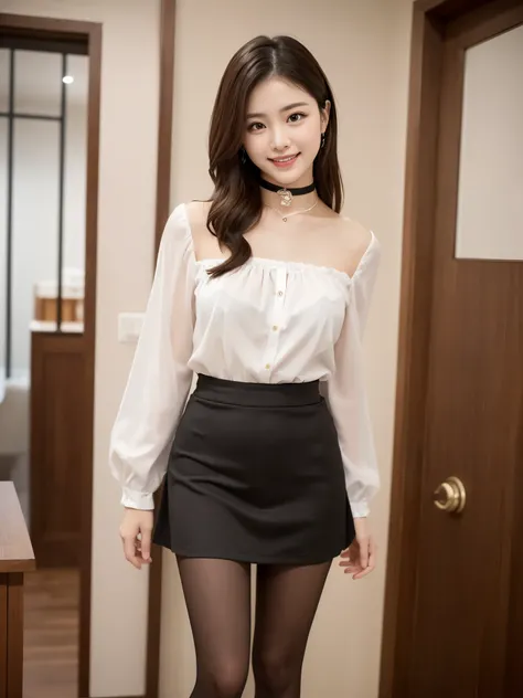 ulzzang-6500-v1.1, (RAW Photos:1.2), (Photorealistic), Beautiful detailed girl, (Genuine: 1.4), Very detailedな目と顔, Beautiful and fine details,  (Strapless blouse, flare skirt, Ultra-realistic pantyhose:1.2, Black choker)、Esbian all over、 (A very loving smi...