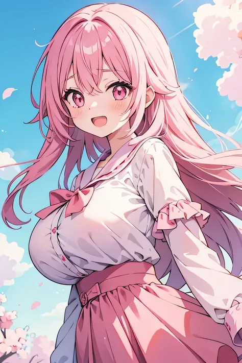 girl, cute anime girl, laughing, open mouth, beautiful hair style, pink hair, long hair, messy hair, big eyes, pink eyes, big tits, blushing, girl
