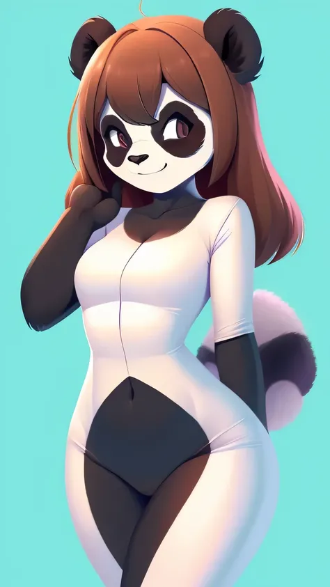 best quality, Ultra-detailed illustrations, (1 boy:1.2), (Furry panda:1.4) , Female face and body, Thick and unkempt hair, JK suit，Shy laugh, Sissy, Small waist, Wide hips, Slim, Perfect body, style &References;No need&References;