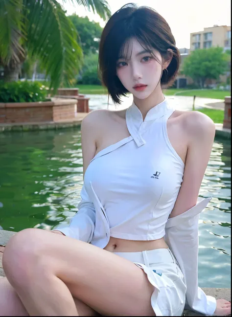 Beautiful woman with perfect figure:1.4，Swimming background，Desert Background，Ultra-high resolution，Seductive laughter，wear glasses，White legs，（lifelike：1.4），Layered Hairstyle，White skin，Black mini pleated skirt，whole body，Very delicate face and skin textu...