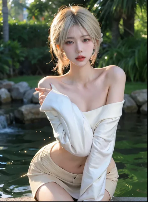 Beautiful woman with perfect figure:1.4，Swimming background，Desert Background，Ultra-high resolution，Seductive laughter，wear glasses，White legs，（lifelike：1.4），Layered Hairstyle，White skin，Black mini pleated skirt，whole body，Very delicate face and skin textu...