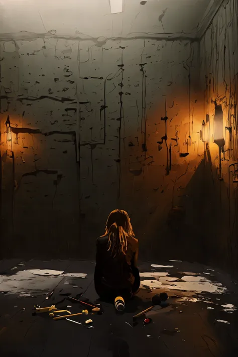 (masterpiece, best quality, 1girl, sitting, drawing, dark space, holding paintbrush, focused, dramatic lighting, highly detailed...