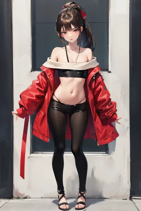 ((best quality)), ((masterpiece)), (detailed), 1girl, off-shoulder sweater, NSFW, small breasts, prominent collarbones, skinny arms, flat stomach, visible hip bones, ponytail, thick ponytail, heavy ponytail, red and white clothing, full body, whole body, b...