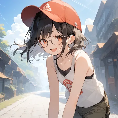 score_9, score_8_up, score_7_up, source_anime, best quality, masterpiece, official art, absurdres, highres, ultra-detailed,waifu2x,Collection: Slice of Life,break,1girl, fantasy world, short hair, glasses, small breasts, cap, tank top, cargo pants, sweat, ...