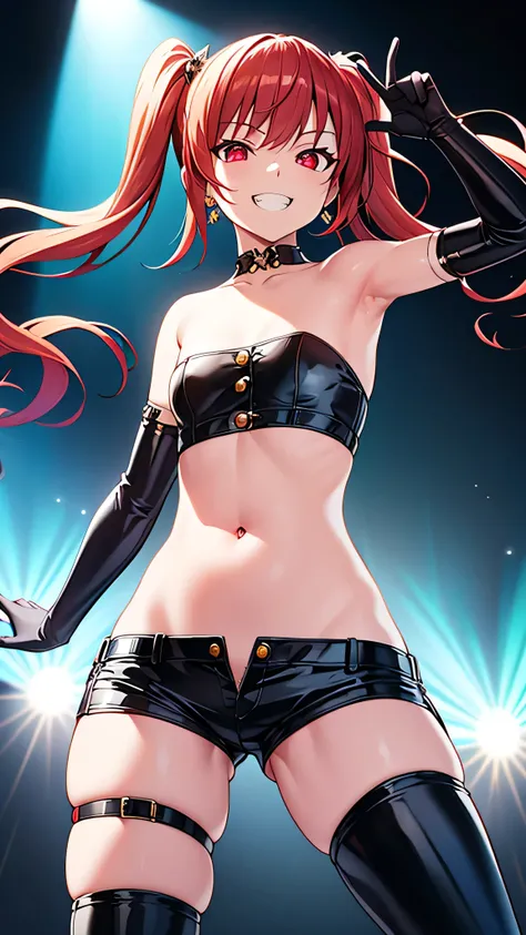 Extremely detailed and realistic CG, colorful, masterpiece, (Perfect Anatomy:1.3), Highest quality, One girl, alone, Imperial Redhead, Shiny Hair, Ridiculously long hair, Sideburns, Asymmetrical bangs, Red eyes, Shining Eyes, (Crazy Smile:1.2), (Wicked Smi...