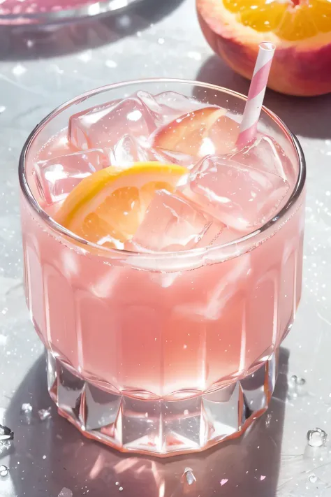 Pink Drink，Ice cubes，Special Drinks，Water in glass，White peach sparkling transparent drink，Photography，close up，Ice cubes，plain view