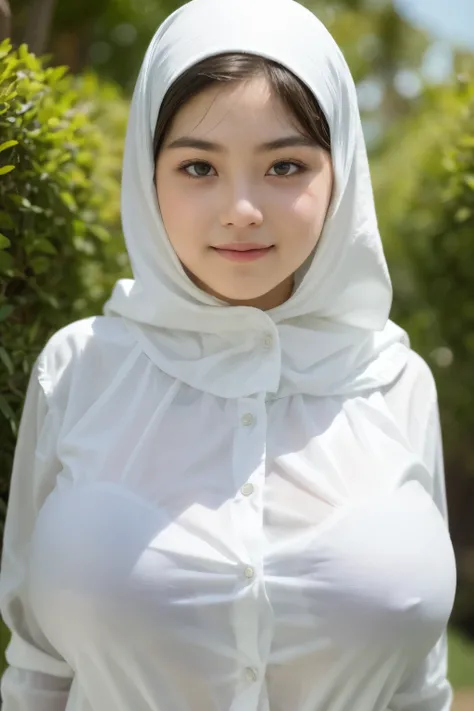 Jumbo (Singlet), Chubby adorable, 1 girl, (face to face), 10 years old, baby face, happy, half body portrait, (face details: 1), (eye details: 1), ((big breasts)). wearing transparent transparency soft soft long shirt, hijab, .. Cute posed. proportional bo...