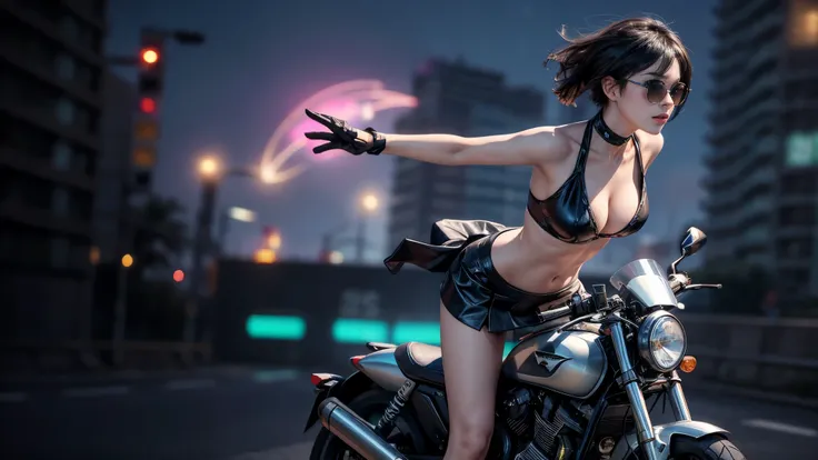 at night, 1girl, solo, large-breast:1.2 sexy slim woman, perfect face, bikini top, mini skirt, black sunglasses, wind-blowing short hair, glove, speeding a classic motorcycle in action, supercar chasing behind, half-body medium shot, hologram cyberpunk str...