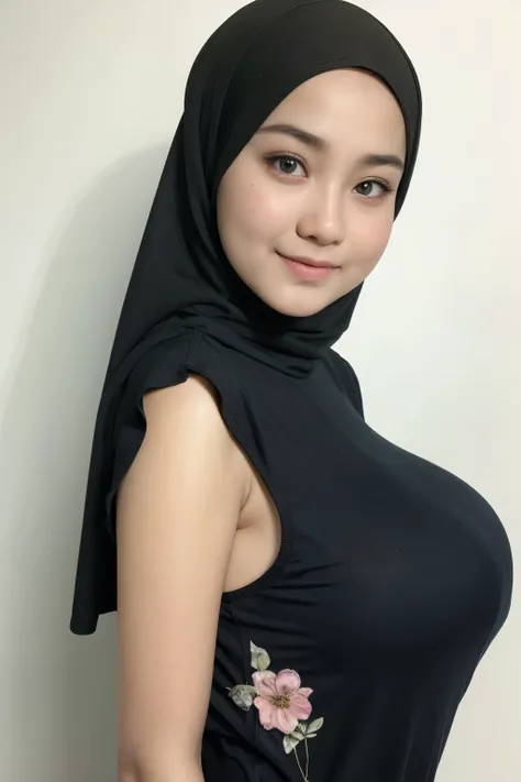 Jumbo (Singlet), Chubby adorable, 1 girl, (face to face), 10 years old, baby face, happy, half body portrait, (face details: 1), (eye details: 1), ((big breasts)). wearing transparent transparency soft soft long shirt, hijab, .. Cute posed. proportional bo...