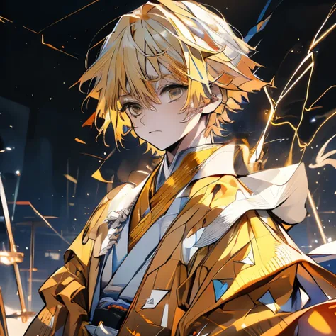 Masterpiece、Delicate eyes、Zenith agatsuma、、Yellow Hair、Yellow and brown eyes、Serious face、Japanese sword、(((Lightning Background)))、Upper Body