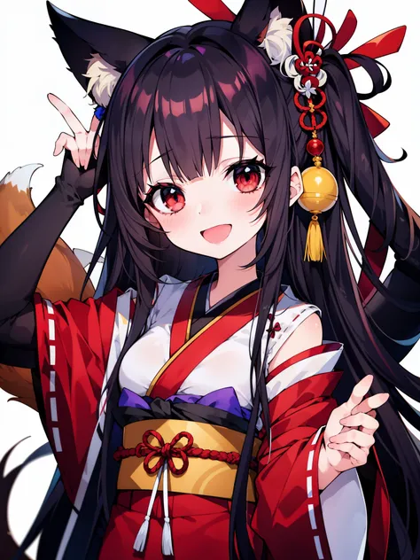 rating:safe, 1girl, animal_ears, japanese_clothes, long_hair, solo, red_eyes, kimono, fox_ears, open_mouth, smile, looking_at_vi...