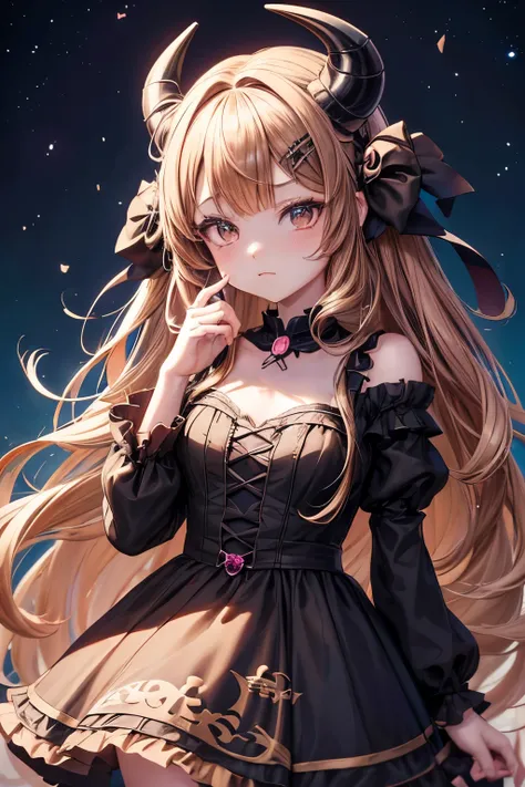 Anime girl with horns and a dress with a skull on it, ((light brown hair))(Loli in a dress, gothic maiden Anime Girl, Cute anime waifu wearing beautiful clothes, Anime cute art style, Anime Girl wearing a black dress, Night Core, (Anime Girl), Anime style ...