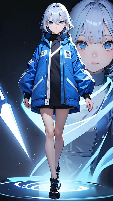 Highest quality、Realistic、girl、zoom、cute、Cobalt blue eyes、Silver Hair、Straight hair、Short Hair、Please comb your hair、Light blue long parka、thin、Full Body