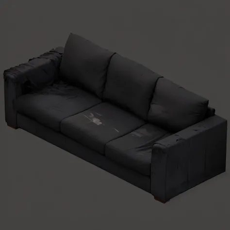 Old torn black fabric sofa with folds, Gray background