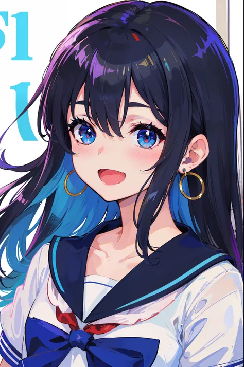 rating:safe, 1girl, long_hair, solo, blue_hair, open_mouth, white_background, blush, looking_at_viewer, sailor_collar, shirt, :d, smile, simple_background, white_shirt, blue_eyes, eyebrows_visible_through_hair, bangs, striped, school_uniform, artist_name, ...