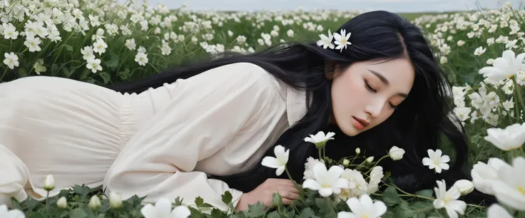 a woman with long black hair and white flowers in her hair is laying down in a field of white flowers, (amy sol:0.248), (stanley artgerm lau:0.106), (a detailed painting:0.353), (gothic art:0.106)