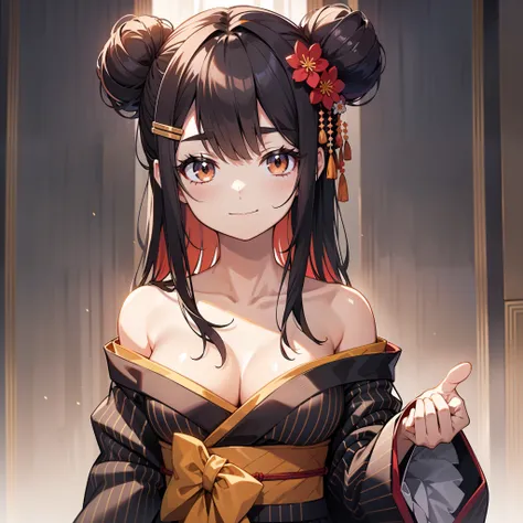 1girl, hair_ornament, rating:safe, breasts, long_hair, closed_mouth, curtains, solo, bare_shoulders, blush, hair_flower, collarbone, wide_sleeves, brown_eyes, kimono, long_sleeves, flower, striped, smile, bangs, eyebrows_visible_through_hair, black_hair, h...