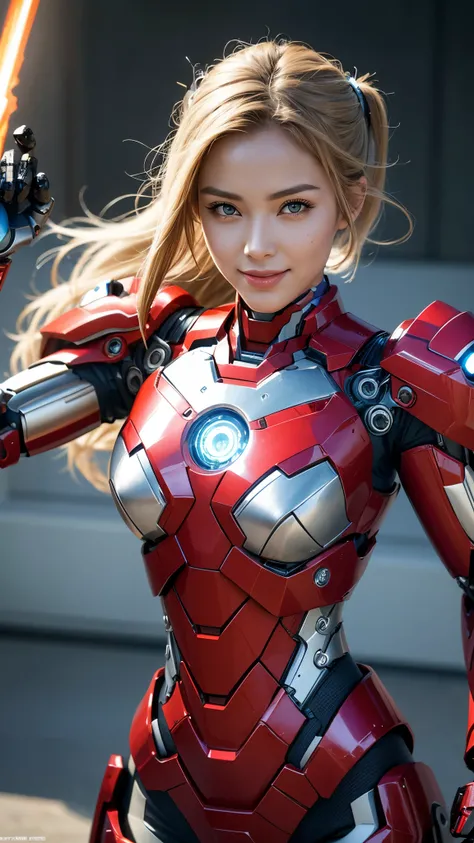 Textured skin, Super Detail, high details, High quality, Best Quality, hight resolution, 1080p, hard disk, Beautiful,(Iron Girl),Beautiful Smile,beautiful cyborg woman,Mecha Cyborg Girl,Battle Mode,Girl with a Mecha Body,She wears an Iron Man mech,A powerf...