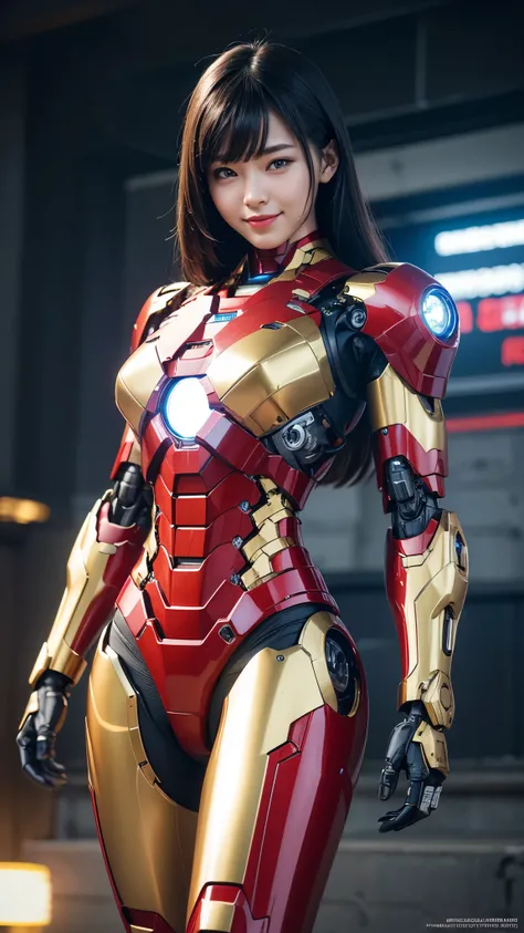 Textured skin, Super Detail, high details, High quality, Best Quality, hight resolution, 1080p, hard disk, Beautiful,(Iron Girl),Beautiful Smile,beautiful cyborg woman,Mecha Cyborg Girl,Battle Mode,Girl with a Mecha Body,She wears an Iron Man mech,A powerf...