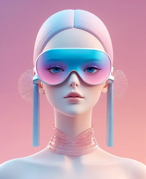 3d illustration of the upper body and face of an artificial intelligence model wearing a futuristic eye mask, stylish glasses wi...