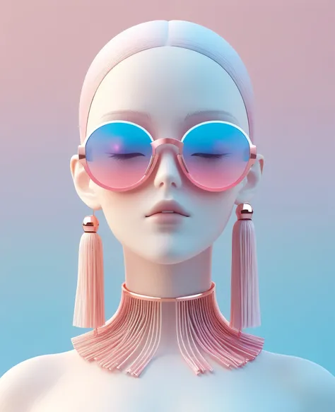 3d illustration of upper body and face of artificial intelligence model wearing futuristic glasses, stylish glasses with tassels...