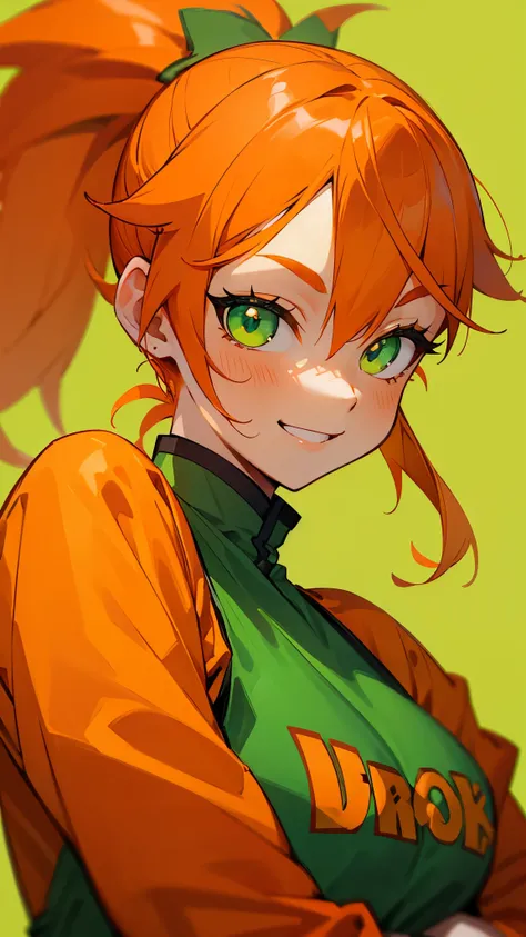 Orange clothes、Orange Hair、ponytail、Beautiful green eyes、Wicked Smile、Shrimp mascot、Upper body close-up