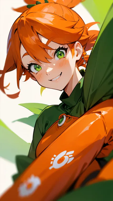 Orange clothes、Orange Hair、ponytail、Beautiful green eyes、Wicked Smile、Shrimp mascot、Upper body close-up