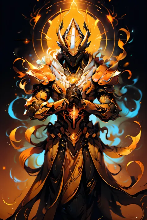 Beautifully detailed images，Depicts a magic sword, Radiate magical energy. Blade, Shiny and soft, Orange light, Bends and twists when reaching from one hand to the other, Create a mesmerizing, Light orange flames swirling ethereal trails. The surrounding r...