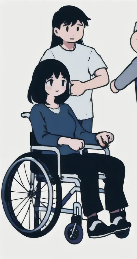 simple illustration of girl helping a man in wheelchair, white background ; simple ilustration ; 4k