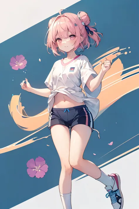 Pink hair Pink eyes、 girl、Small breasts、Hair Bun、girl、Small breasts、A cheerful smile、Looks about 15 years old、Petan Musume、He is short【prompt】

BREAK (Japanese school old style sportswear:1.3), ((soft cotton material, non-shiny material):1.3), (oversized s...