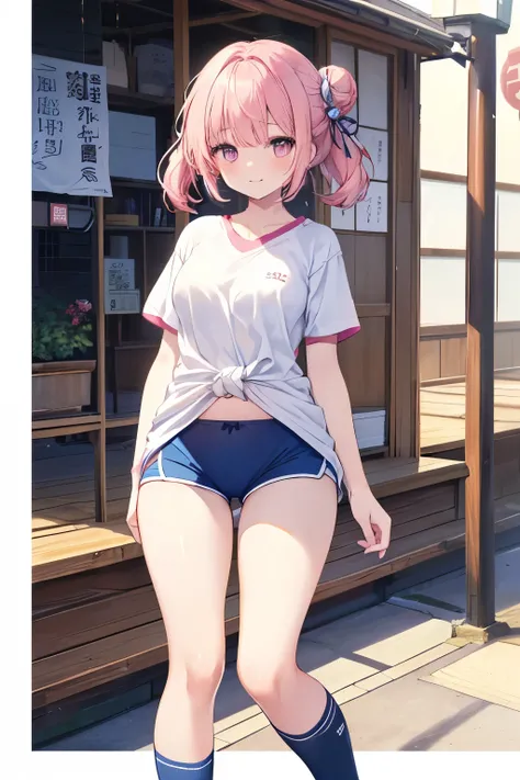 Pink hair Pink eyes、 girl、Small breasts、Hair Bun、girl、Small breasts、A cheerful smile、Looks about 15 years old、Petan Musume、He is short、gym、【prompt】

BREAK (Japanese school old style sportswear:1.3), ((soft cotton material, non-shiny material):1.3), (oversi...