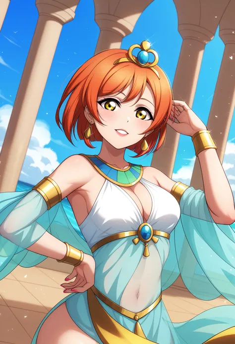 Masterpiece, sksrin, beautiful , facial details, 8k wallpaper, Rin Hoshizora Love Live, short hair, white see through dress, Egypt queen,tiara,in Egypt ,(lipstick:0.8), (makeup:0.8),Fascinated by her beauty, looking at her own body ,wind