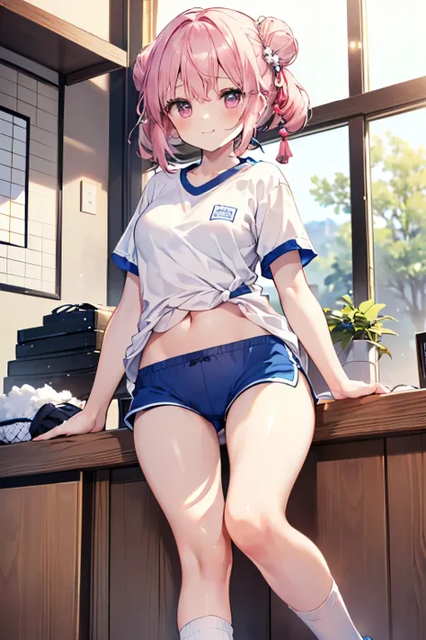 Pink hair Pink eyes、 girl、Small breasts、Hair Bun、girl、Small breasts、A cheerful smile、Looks about 15 years old、Petan Musume、He is short、gym、【prompt】

BREAK (Japanese school old style sportswear:1.3), ((soft cotton material, non-shiny material):1.3), (oversi...