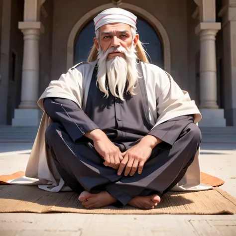 a wise old man in arab clothes, long beard, sitting in a meditation position, looking directly at camera