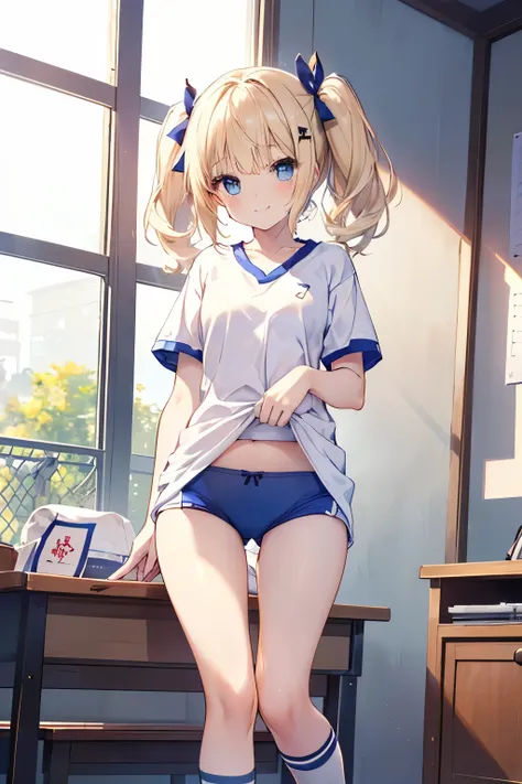 Blonde、Blue Eyes、girl、Small breasts、Twin tails、girl、Small breasts、A cheerful smile、Looks about 15 years old、Petan Musume、He is short、gym、【prompt】

BREAK (Japanese school old style sportswear:1.3), ((soft cotton material, non-shiny material):1.3), (oversize...