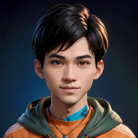 there is a young man with a necklace and a hoodie, character headshot portrait, detailed character portrait, unreal 5. rpg portrait, character art portrait, closeup character portrait, character concept portrait of me, ross tran 8 k, detailed face of a asi...
