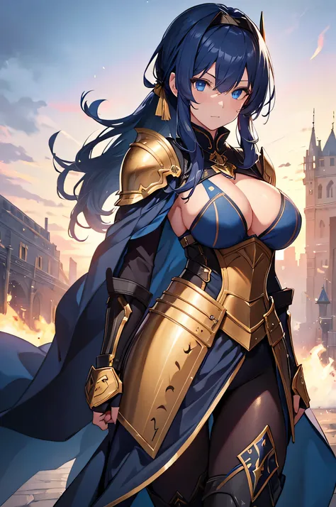 4K,High resolution,One Woman,Dark Blue Hair,Long Ponytail,Blue Eyes,Big Breasts,knight,Golden Armor,Sideboob,Heavy Armor,Full Armor,Black tights,hair band,Jewelry decoration,Golden Long Sword,Medieval castle