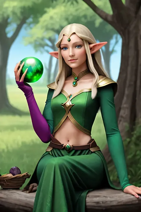 1 elf woman, looking at the viewer, sitting next to a tree, holding in her hands a crystal ball, green plain in the background, fantasy, (realistic face), half body,