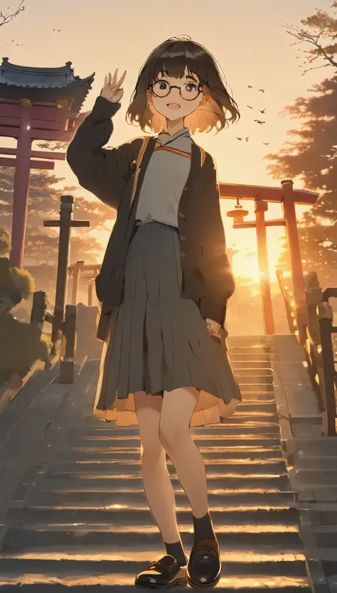 One Girl, (Sunset sky), Standing and waving, School Area, Rural Scenery, scenery, Round Glasses, School Cardigan, (Sleeves are longer than the wrist), Powerful loafers, Black ash two side up hair, Blunt bangs, Beautiful dark eyes, Black knee socks, Cinema ...