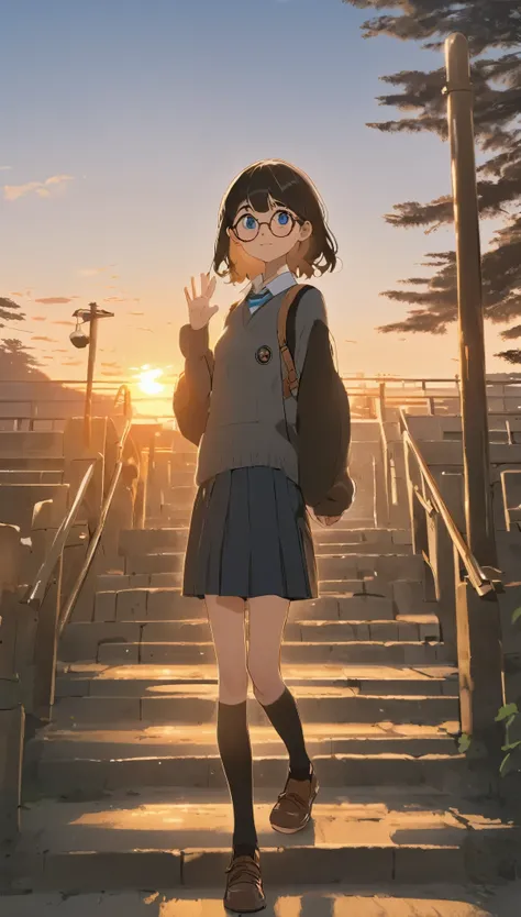 One Girl, (Sunset sky), Standing and waving, School Area, Rural Scenery, scenery, Round Glasses, School Cardigan, (Sleeves are longer than the wrist), Powerful loafers, Black ash two side up hair, Blunt bangs, Beautiful dark eyes, Black knee socks, Cinema ...