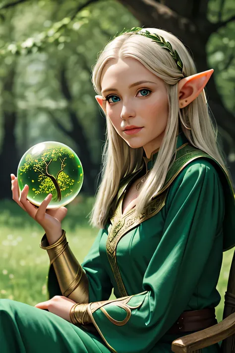 1 elf woman, looking at the viewer, sitting next to a tree, holding in her hands a crystal ball, green plain in the background, fantasy, (realistic face), half body,