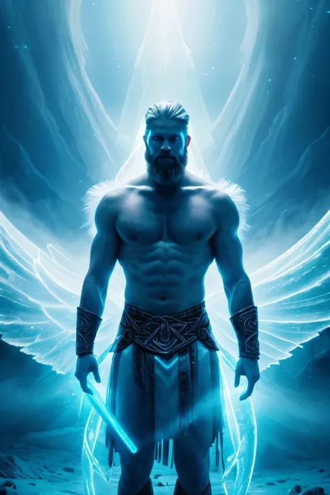 Neon fractal holographic astralism of a heavenly handsome Viking Warrior, strong man, chroma shifted icy blue to ghostly white, ethereal, mystical and intense