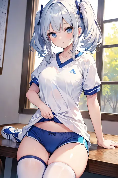 Silver Hair、Blue Eyes、girl、Small breasts、Twin tails、girl、Small breasts、A cheerful smile、Looks about 15 years old、Petan Musume、He is short、gym、【prompt】

BREAK (Japanese school old style sportswear:1.3), ((soft cotton material, non-shiny material):1.3), (ove...