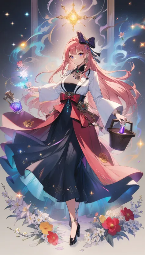 1 Girl, long_hair, bright_hair_Yanren_Eye, mystery_Express, Mature_appearance, Glamorous_Full set of clothing, flow_skirt, elegant_Jewelry, complex_decorate, magic_symbol, Luminescence_Accessories, potion, reel, Lovely_accent, bow, Ribbon, Flowers,